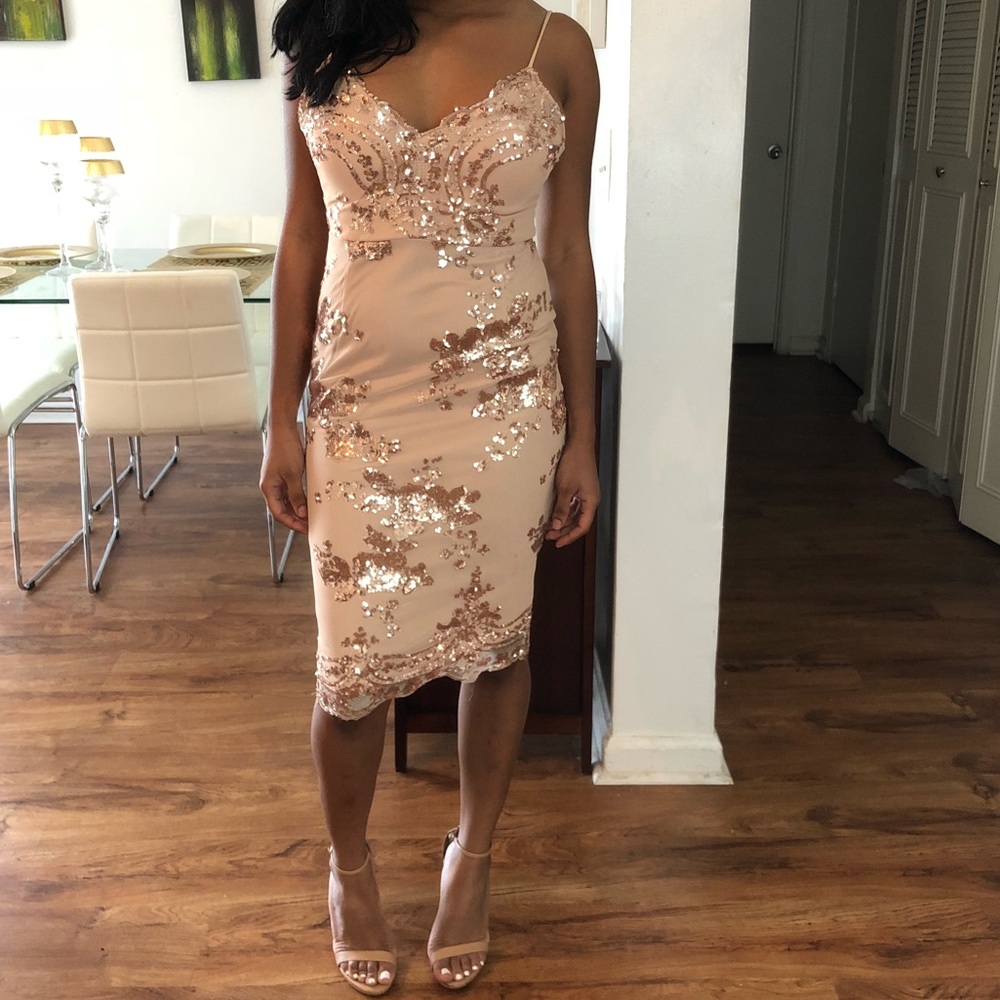embellished sequin gold midi dress